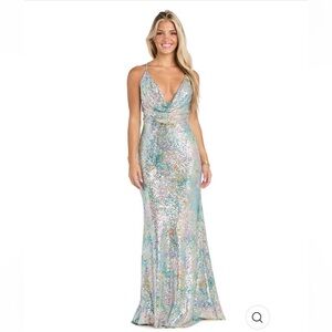 Morgan and Company seaglass Sequin Multicolor rainbow pastel Gown prom
